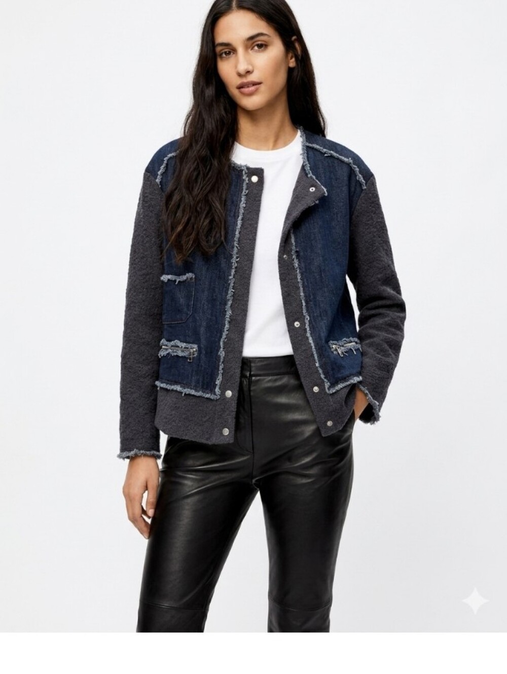 Comme USA Dark Denim Look Frayed-Edge Moto Style Jacket